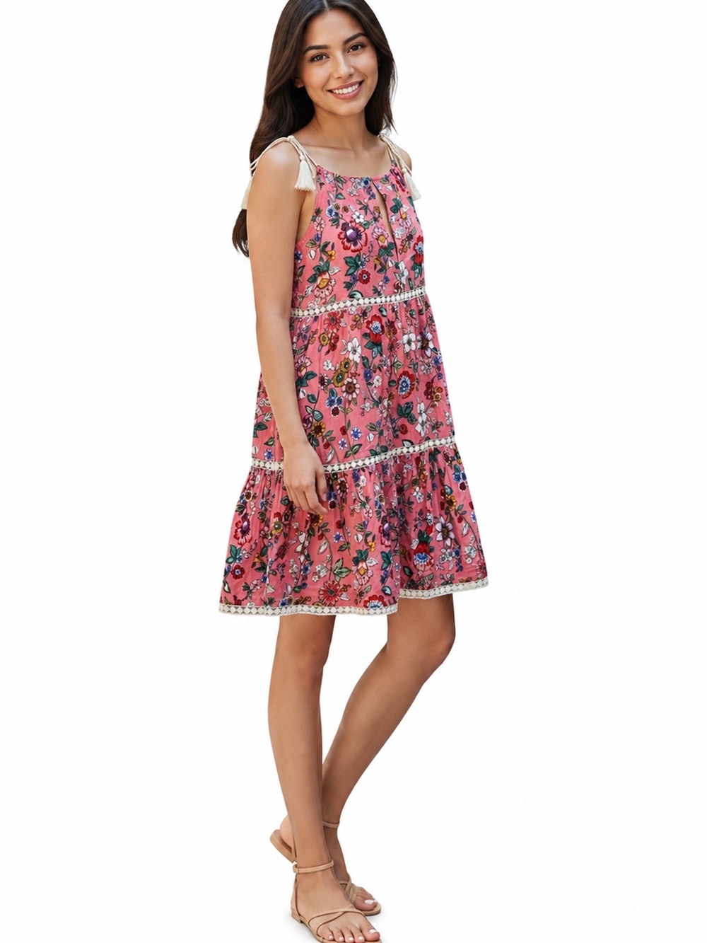 Vera Bradley Pink Floral Tie-Shoulder Tiered Mini Dress